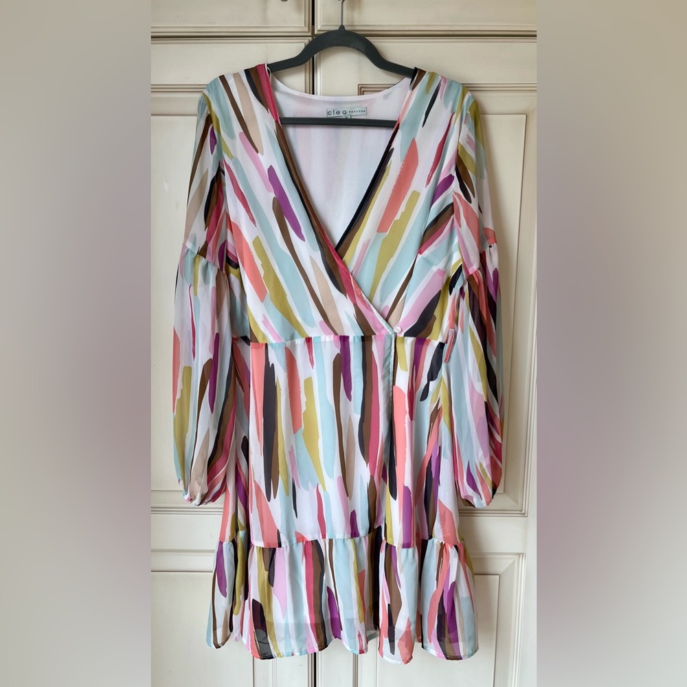 🍇 Cleo Pink and Green V-Neck Long Sheet Sleeve Dress XL petite